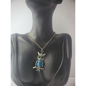 Vintage Necklace Silver Tone Chain Owl Pendant Blue Stone Green Crystals Jewelry
